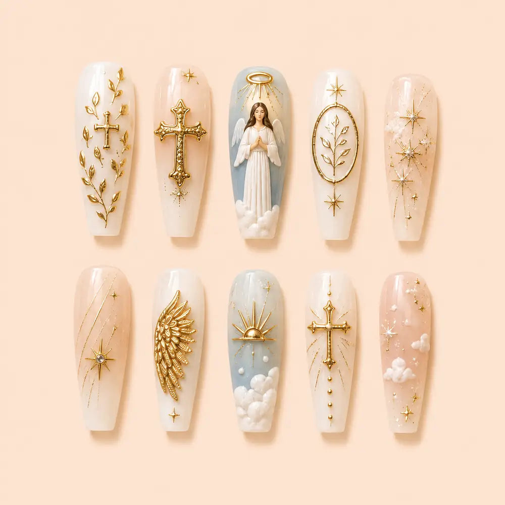 Gilded Guardian Angel Cross Press On Nails — image 1