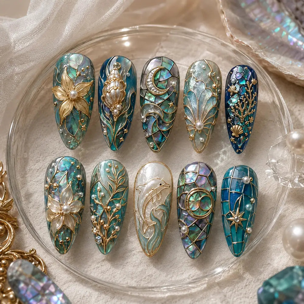Gilded Mermaid Mosaic 3D Press On Nails — image 2