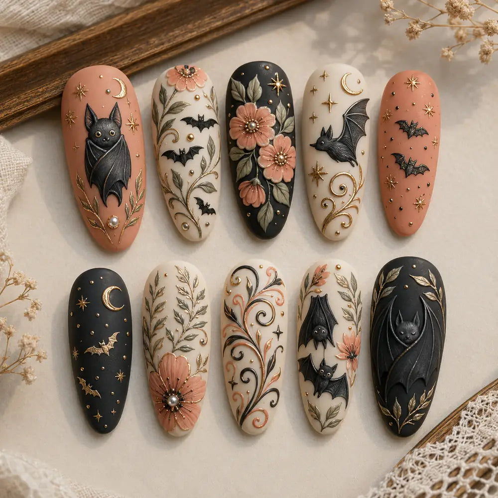 Gilded Midnight Bat Garden 3D Press On Nails — image 2
