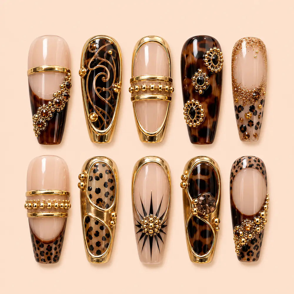 Gilded Tortoiseshell Leopard Boho Press On Nails — image 1