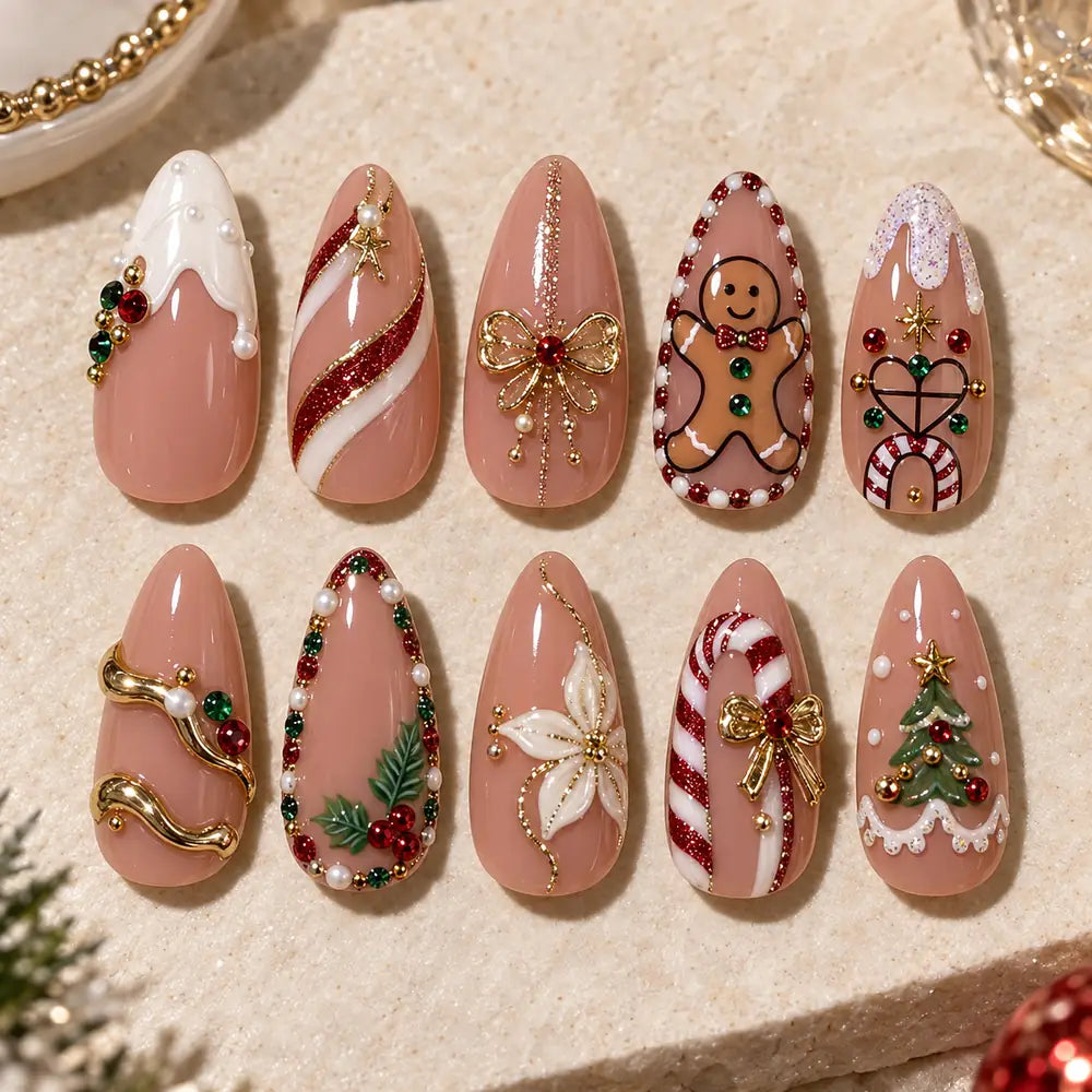 Gingerbread Candy Cane Christmas 3D Press On Nails — image 2