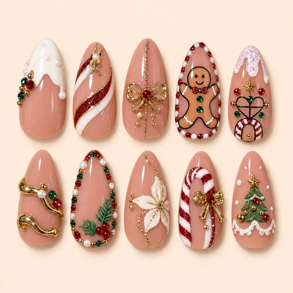 Gingerbread Candy Cane Christmas 3D Press On Nails — image 1
