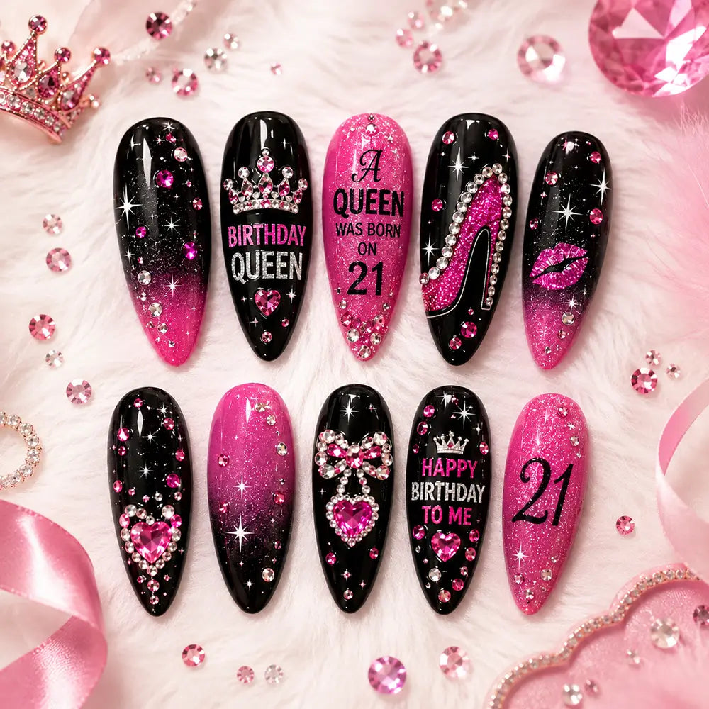 Glam Birthday Crown & Rhinestone Glitter Press On Nails