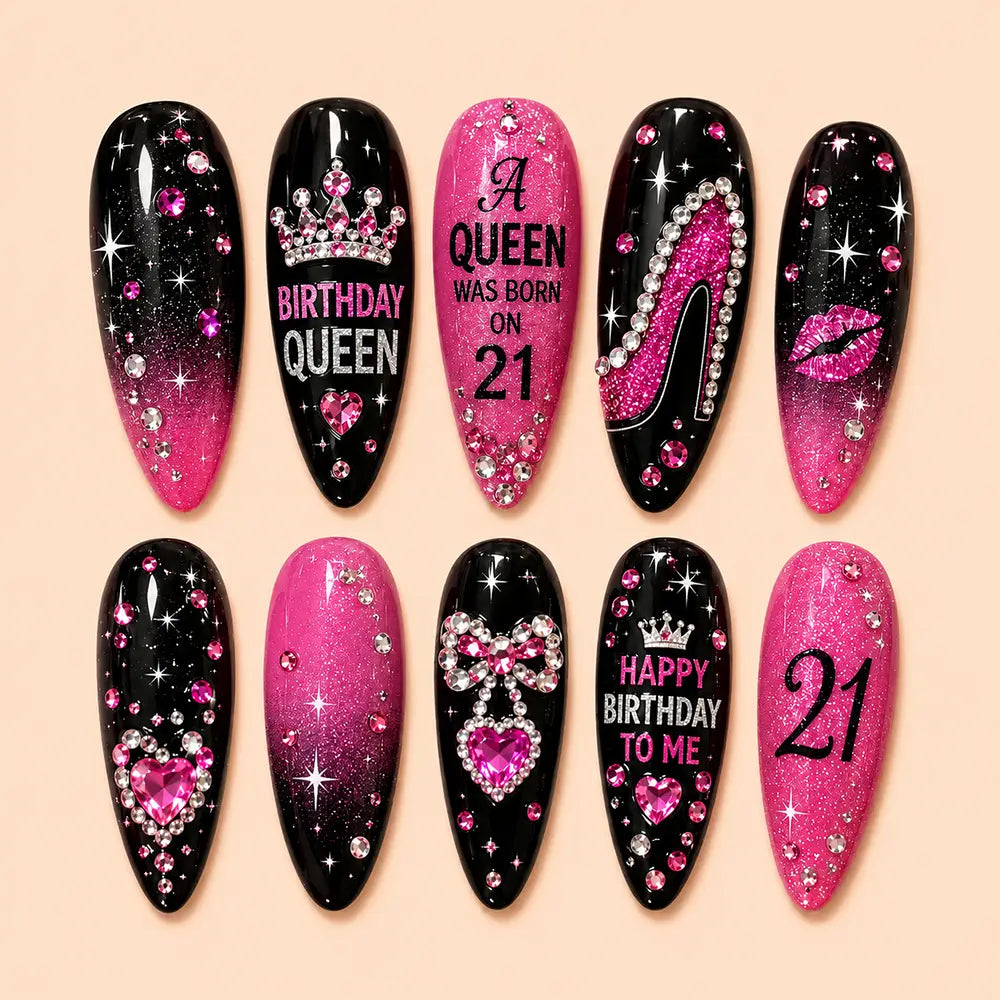 Glam Birthday Crown & Rhinestone Glitter Press On Nails