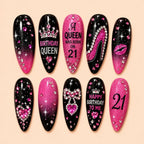 Glam Birthday Crown & Rhinestone Glitter Press On Nails