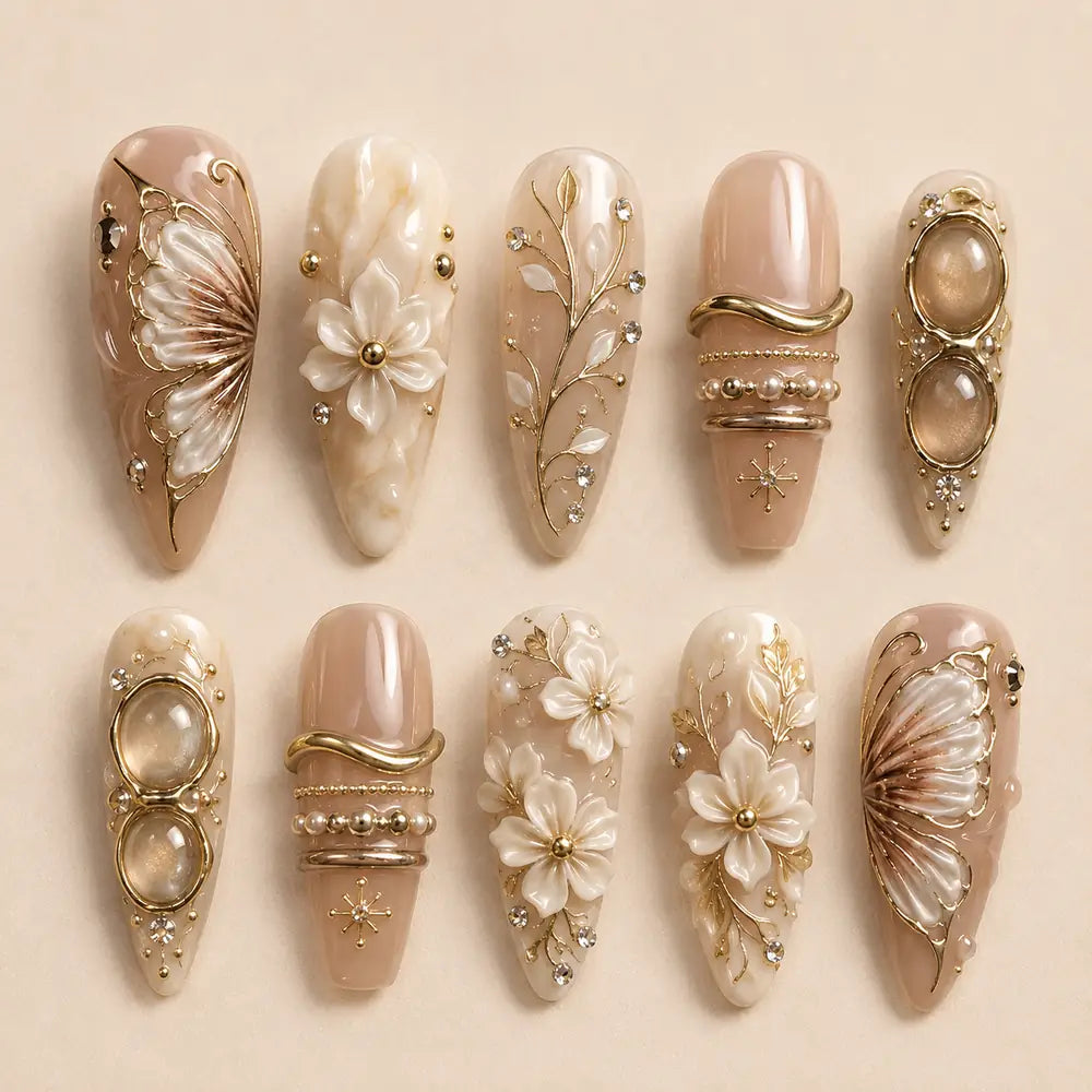 Golden Butterfly Blossom 3D Rhinestone Press On Nails — image 2