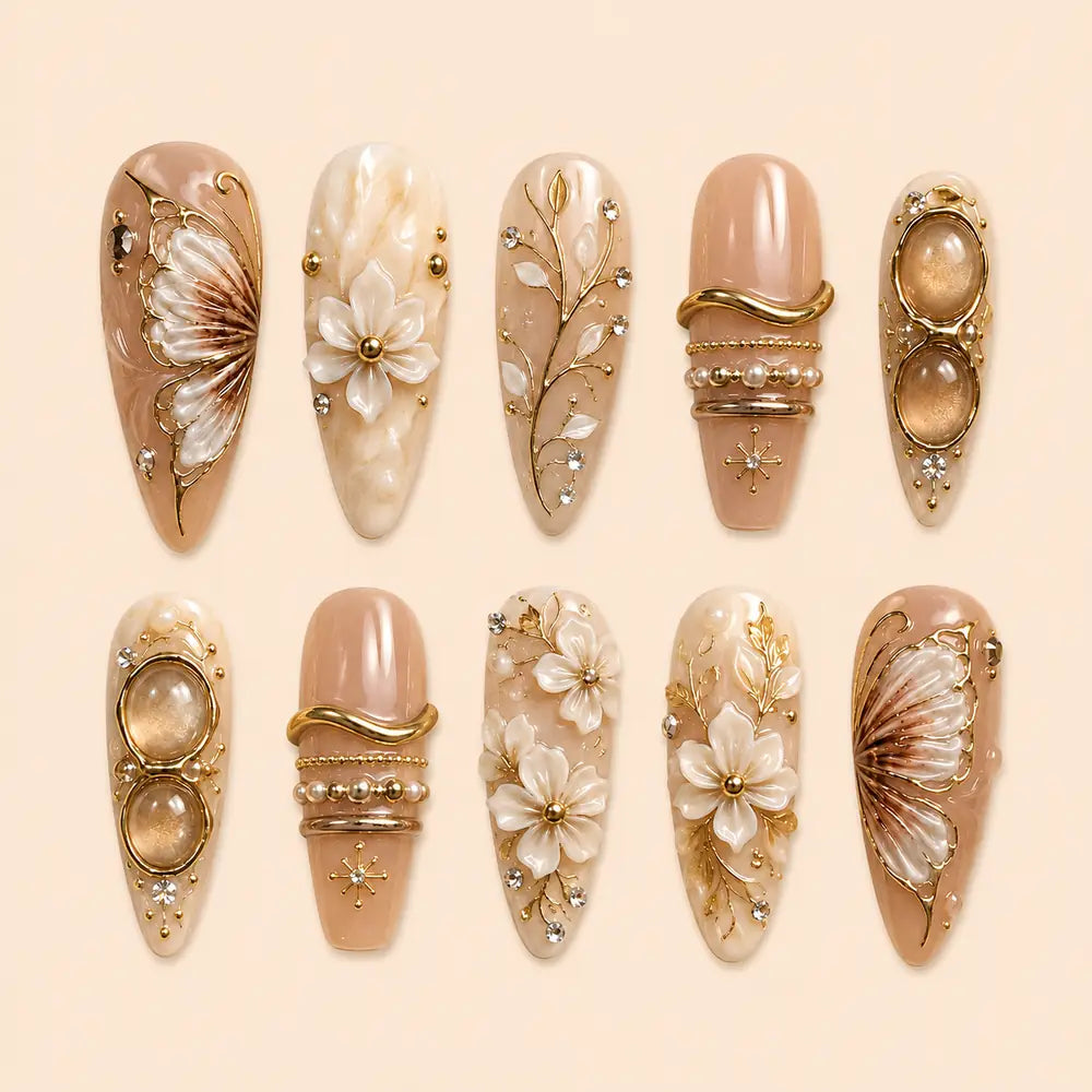 Golden Butterfly Blossom 3D Rhinestone Press On Nails — image 1