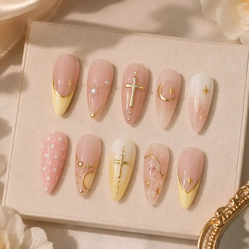 Golden Cross and Celestial Almond Press On Nails — image 2