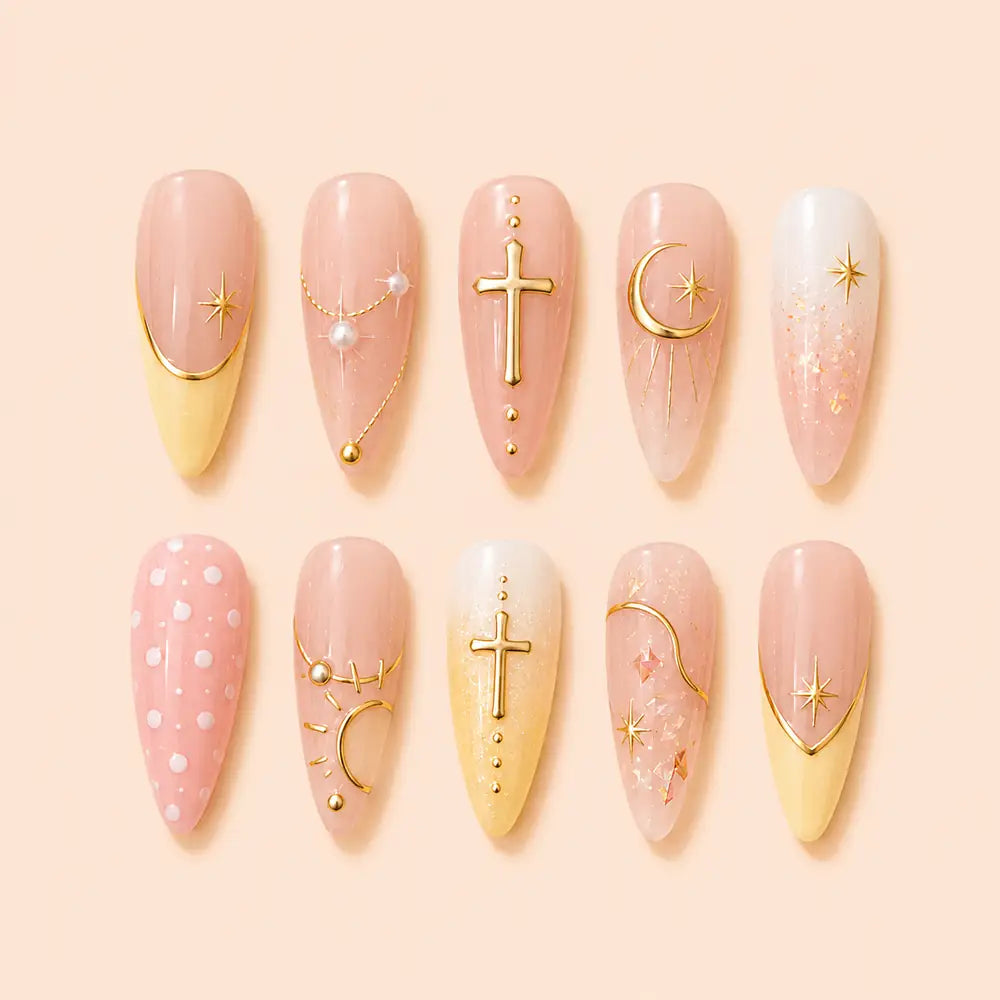 Golden Cross and Celestial Almond Press On Nails — image 1