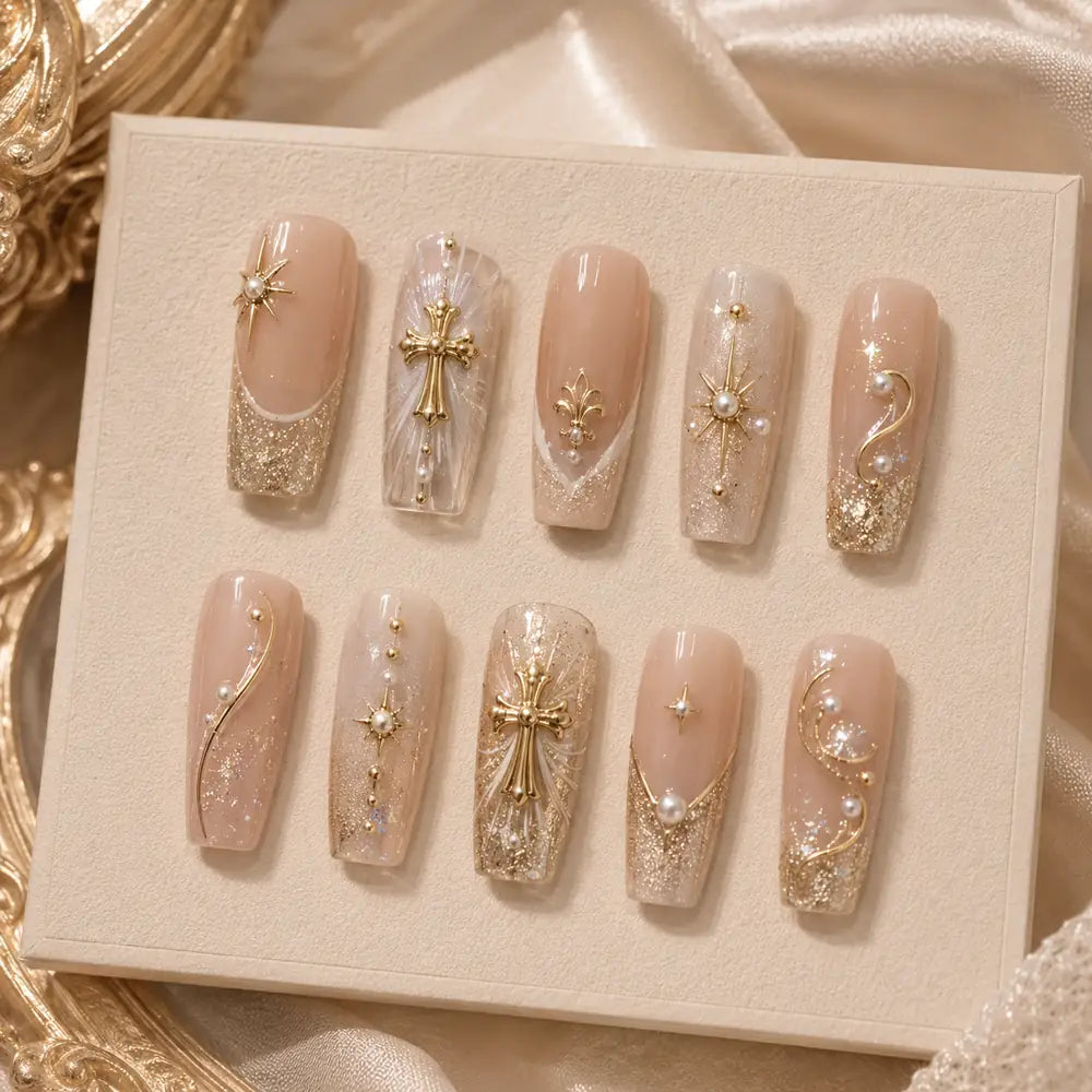 Golden Cross Pearl Glitter Press On Nails — image 2