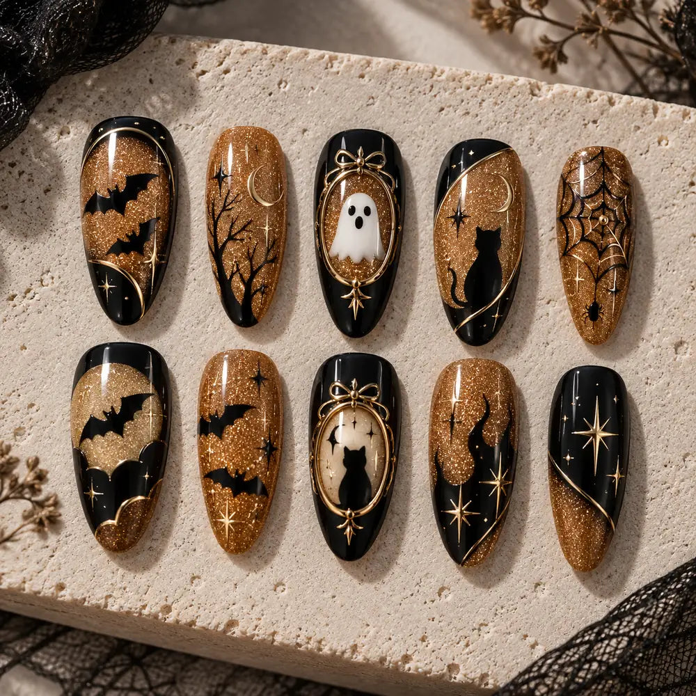 Golden Ghost & Black Cat Halloween Press On Nails — image 2
