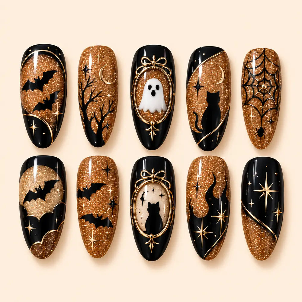 Golden Ghost & Black Cat Halloween Press On Nails — image 1