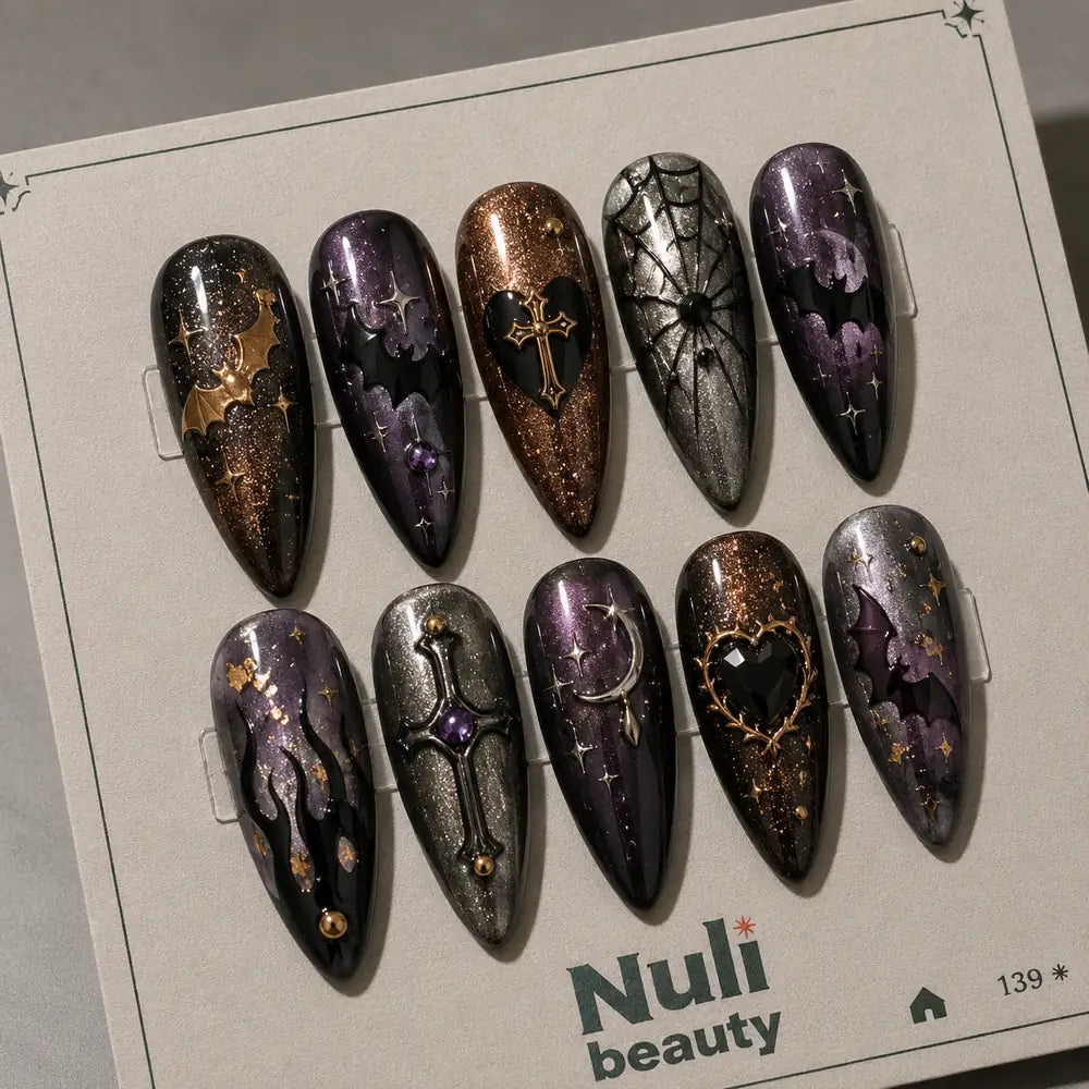 Gothic Bat and Spiderweb Glitter Press On Nails — image 2