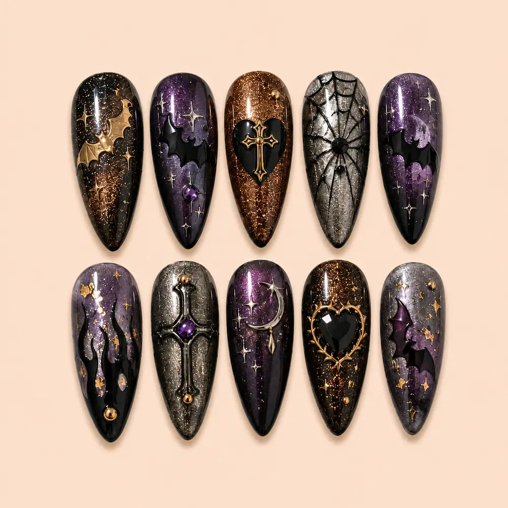 Gothic Bat and Spiderweb Glitter Press On Nails — image 1