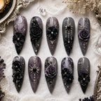 Gothic Black Rose Rhinestone Press On Nails