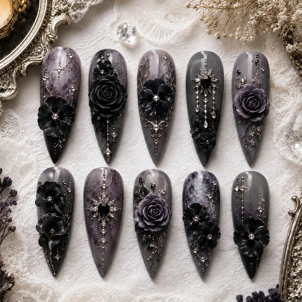 Gothic Black Rose Rhinestone Press On Nails