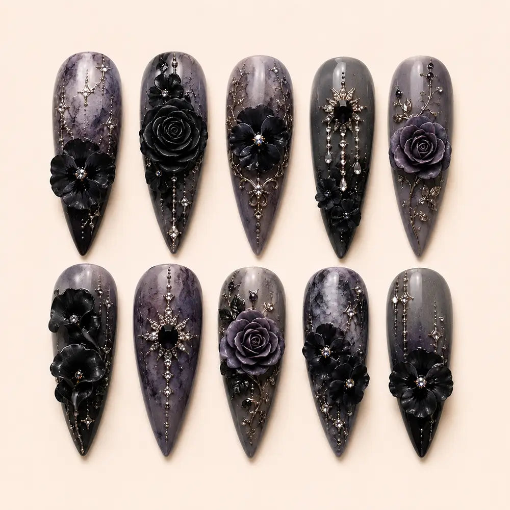 Gothic Black Rose Rhinestone Press On Nails