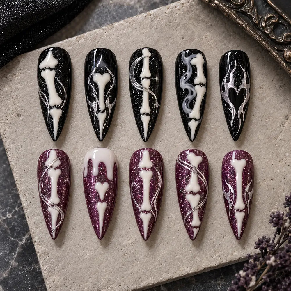 Gothic Bone Art Glitter 3D Press On Nails — image 2