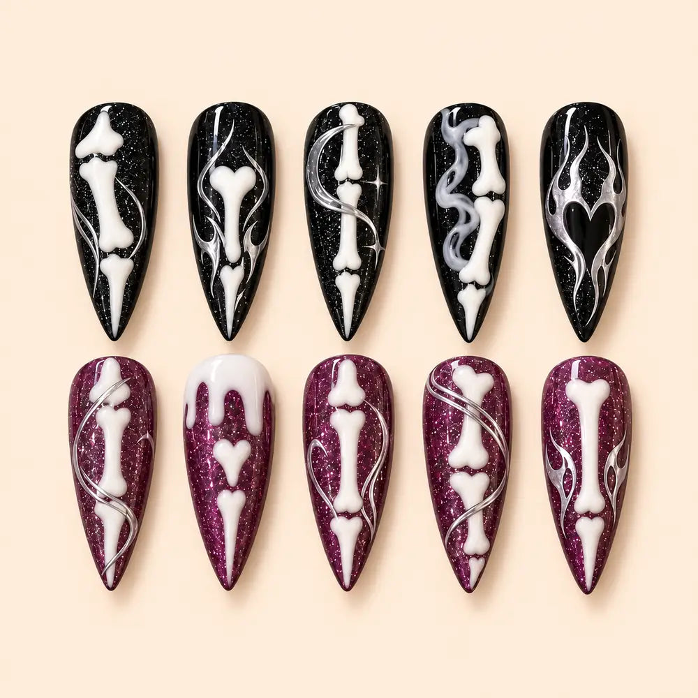 Gothic Bone Art Glitter 3D Press On Nails — image 1