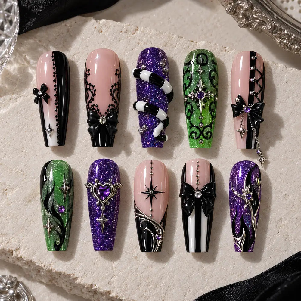 Gothic Bow and Star Glitter Press On Nails — image 2