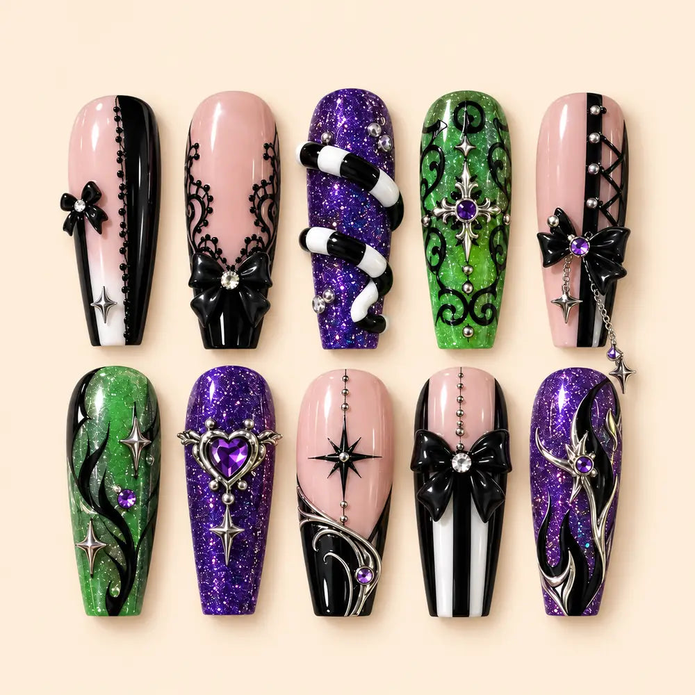 Gothic Bow and Star Glitter Press On Nails — image 1