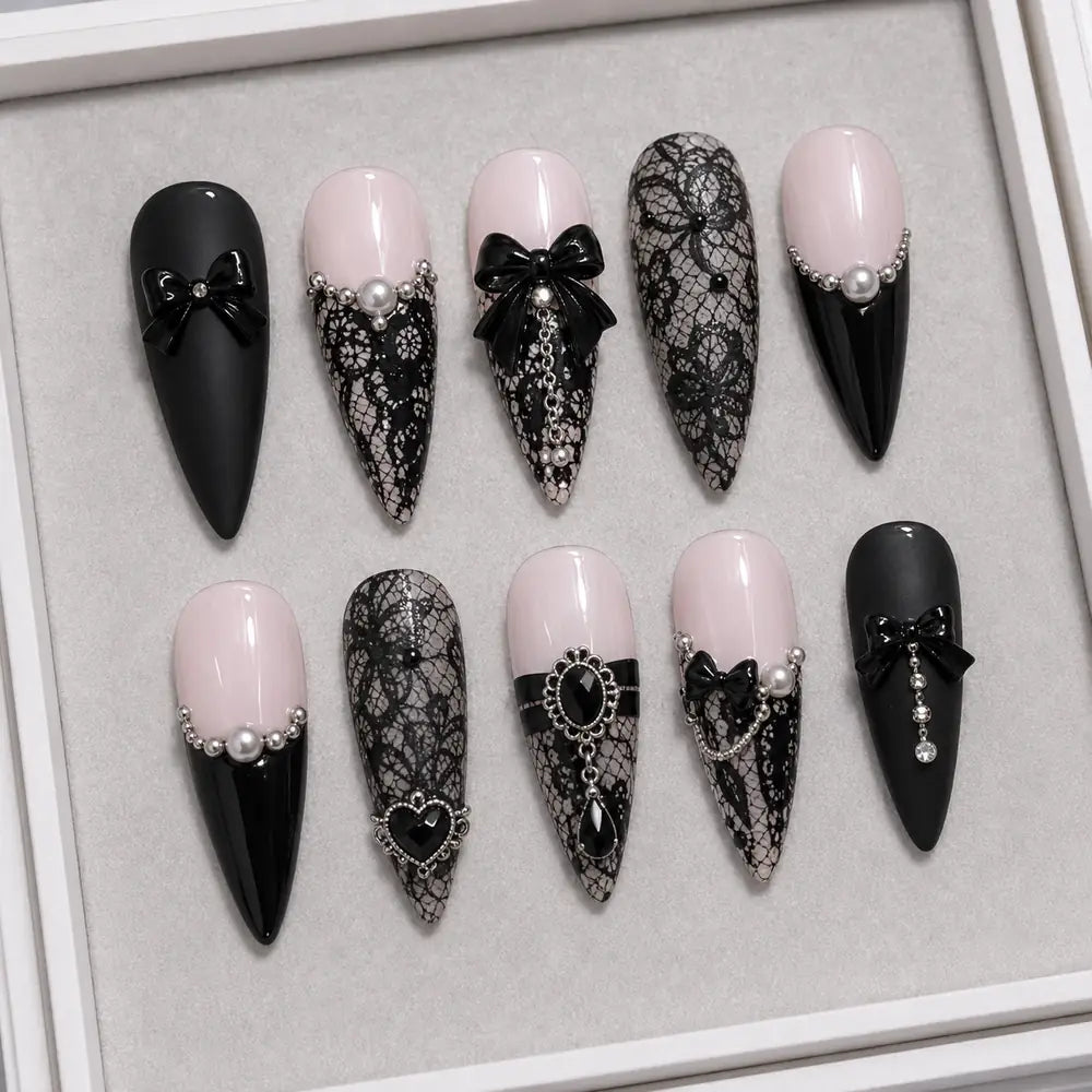 Gothic Bow Lace French Tip 3D Press On Nails — image 2