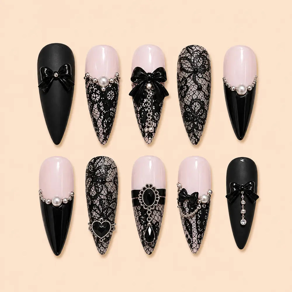 Gothic Bow Lace French Tip 3D Press On Nails — image 1