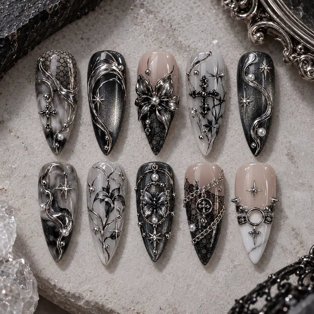 Gothic Cross and Butterfly 3D Press On Nails — image 2
