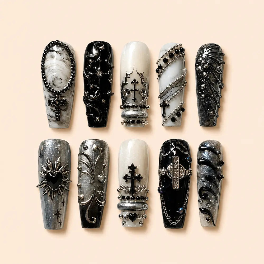 Gothic Cross and Chain 3D Coffin Press On Nails — image 1