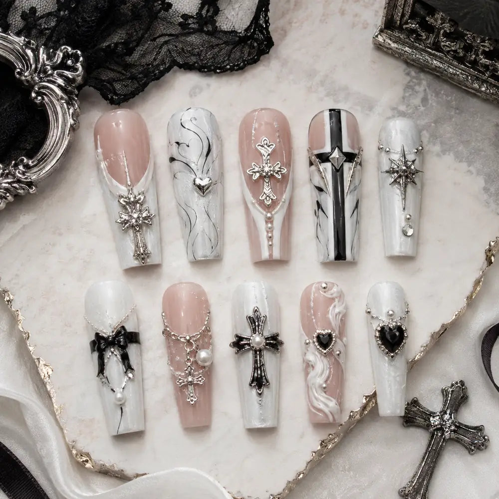 Gothic Cross & Black Heart Coffin Press On Nails — image 2