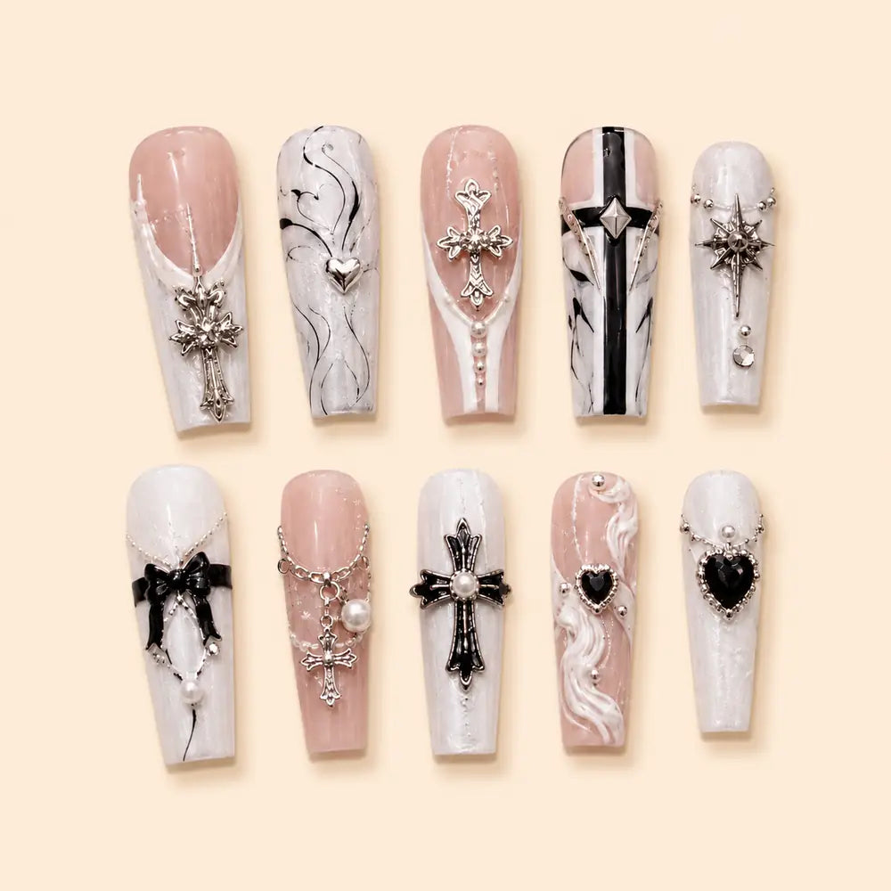 Gothic Cross & Black Heart Coffin Press On Nails — image 1