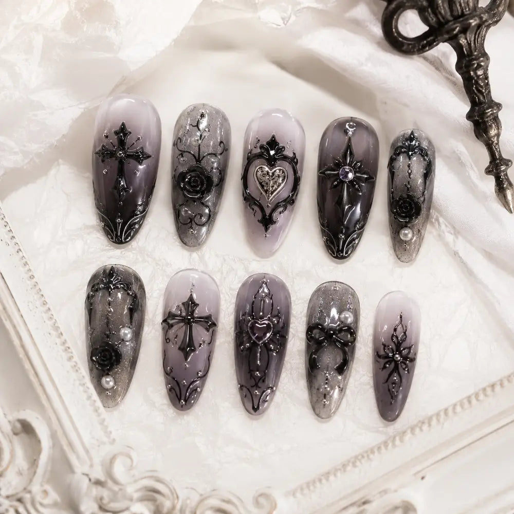 Gothic Cross Black Rose Heart 3D Rhinestone Press On Nails — image 2
