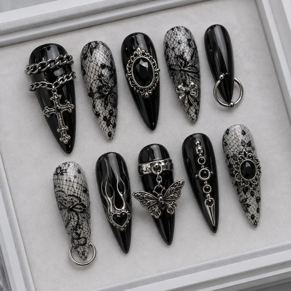 Gothic Cross Butterfly 3D Rhinestone Press On Nails — image 2