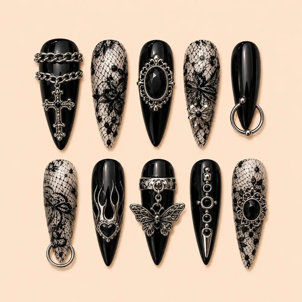 Gothic Cross Butterfly 3D Rhinestone Press On Nails — image 1