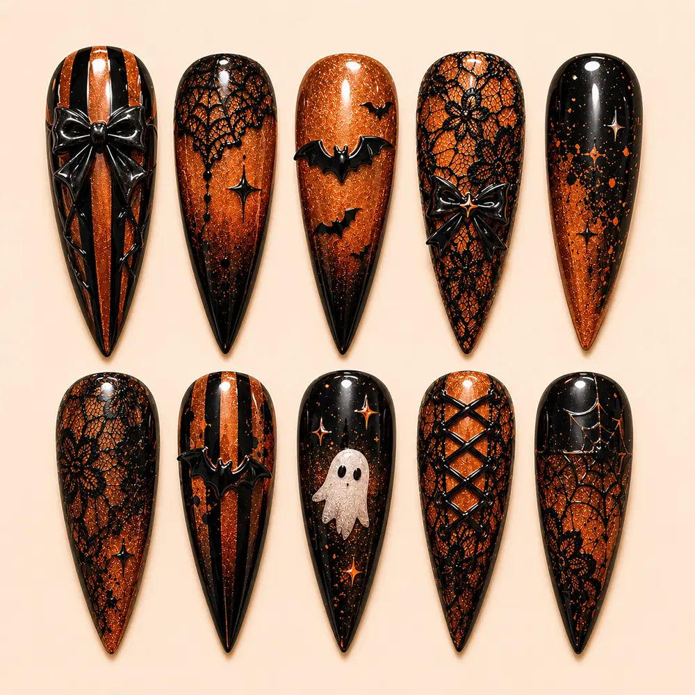 Gothic Halloween Bad & Skull Lace Glitter Press On Nails
