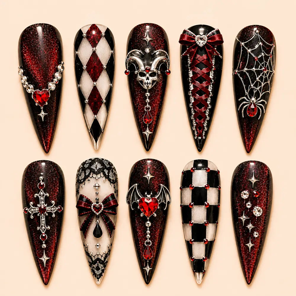 Gothic Halloween Harlequin & Skull Glitter Press On Nails