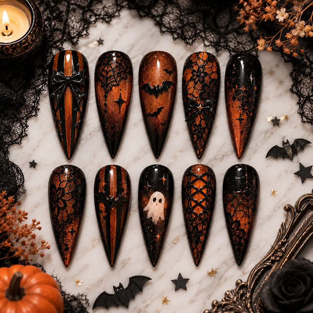 Gothic Halloween Bad & Skull Lace Glitter Press On Nails