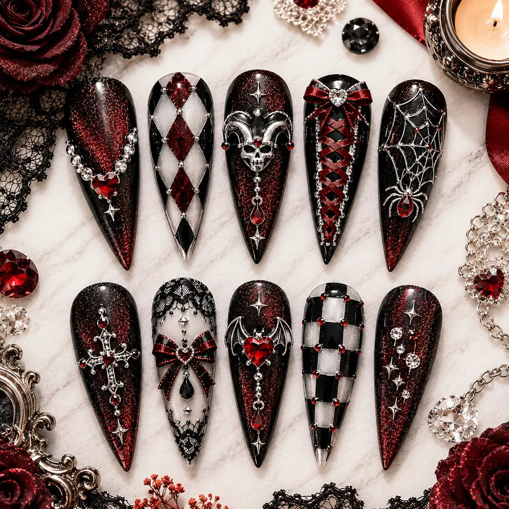 Gothic Halloween Harlequin & Skull Glitter Press On Nails