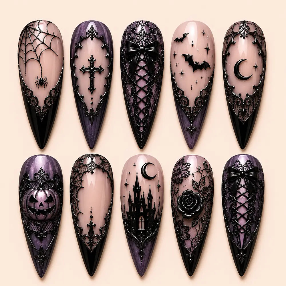 Gothic Halloween Lace & Cross French Tip Press On Nails