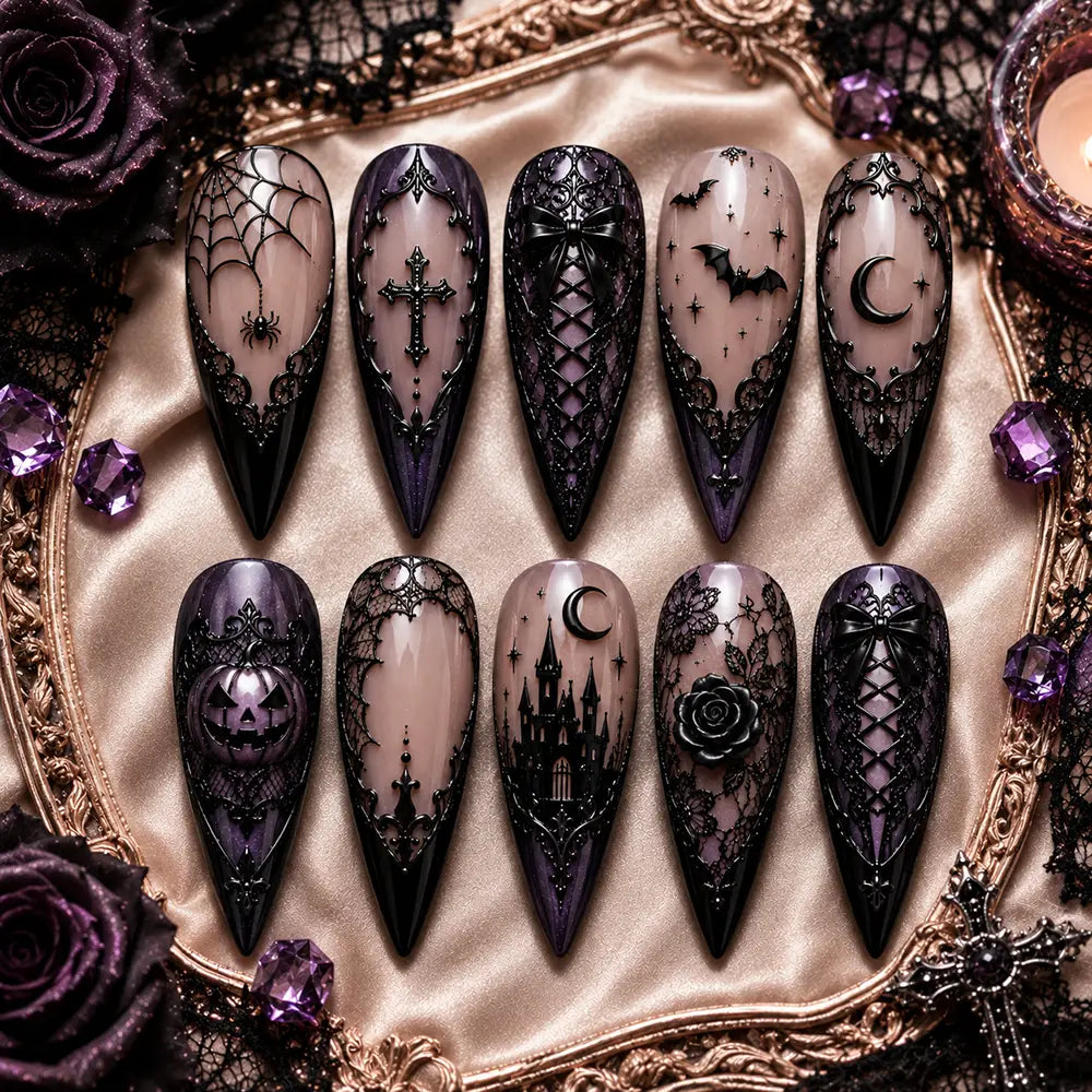 Gothic Halloween Lace & Cross French Tip Press On Nails