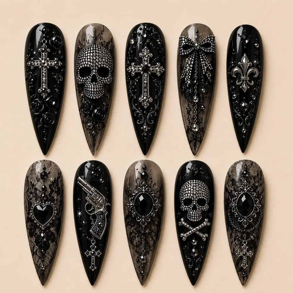Gothic Halloween Skull Cross Rhinestone Press On Nails
