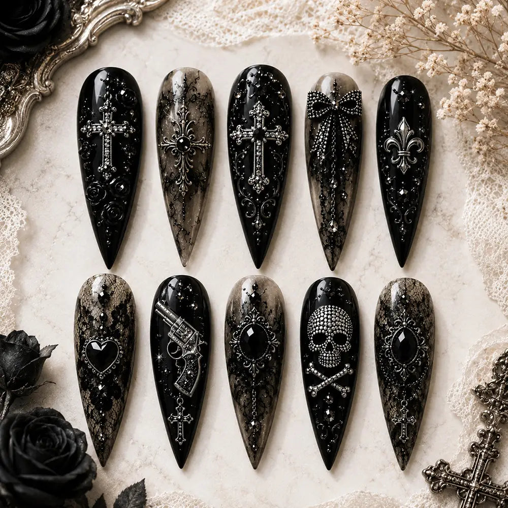Gothic Halloween Skull Cross Rhinestone Press On Nails