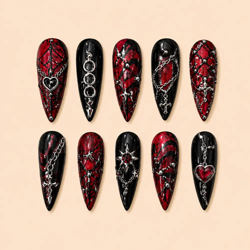 Gothic Heart Cross Chain 3D Rhinestone Press On Nails — image 1