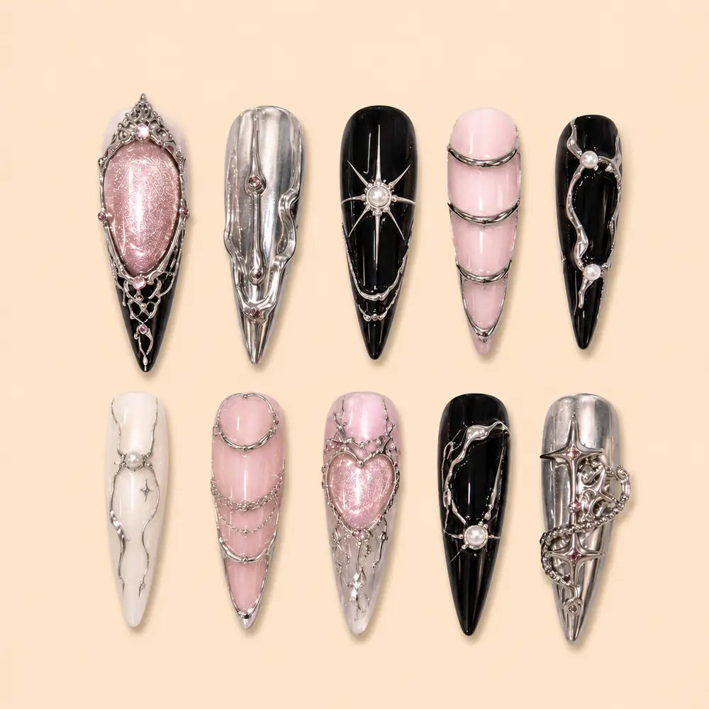 Gothic Heart Relic 3D Chrome Stiletto Press On Nails — image 1