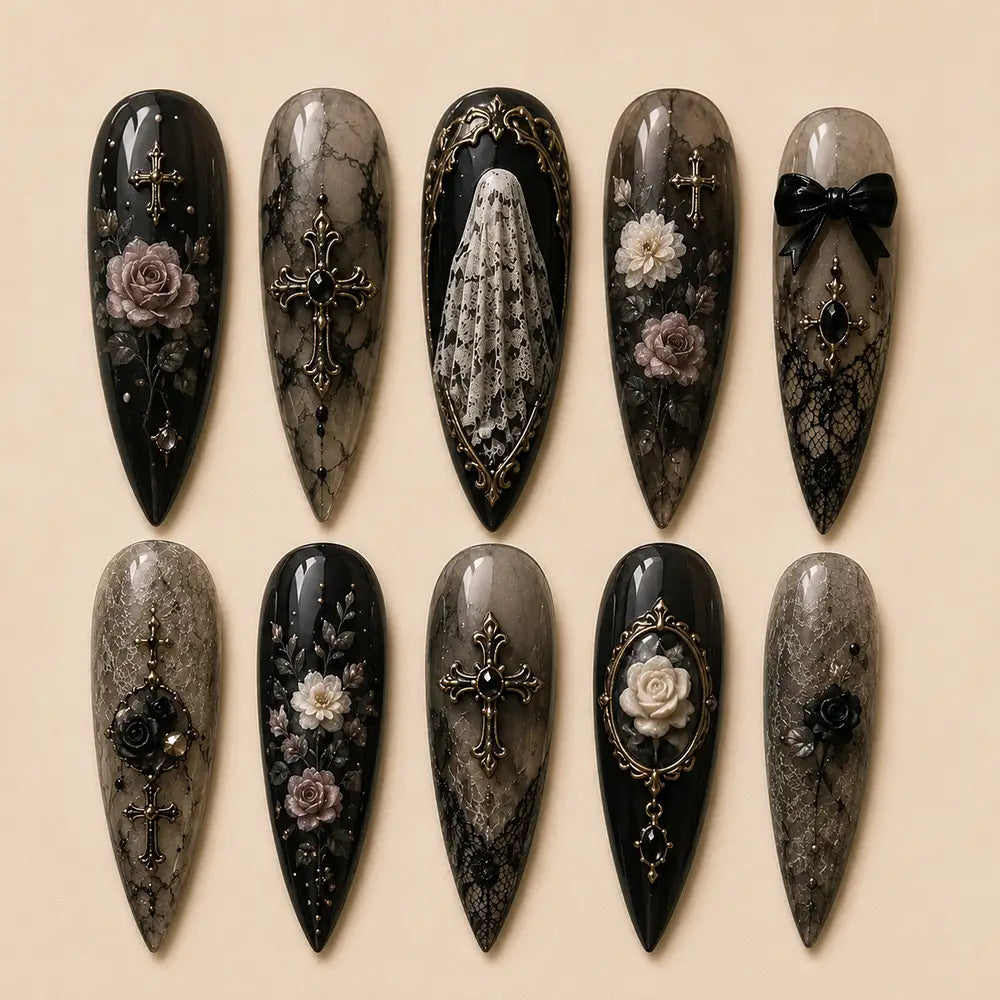 Gothic Memorial Cross Floral Lace Press On Nails