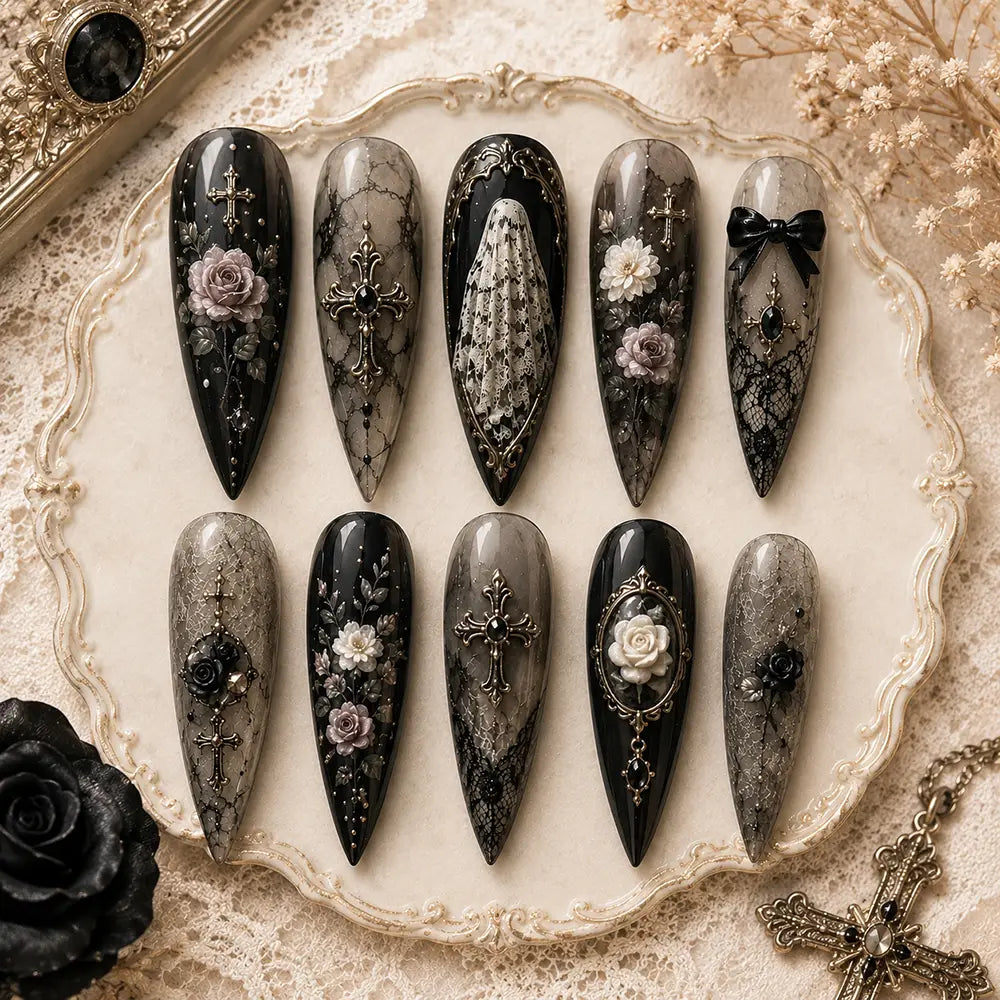 Gothic Memorial Cross Floral Lace Press On Nails