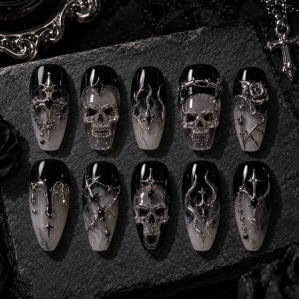 Gothic Skull and Silver Cross 3D Press On Nails — image 2