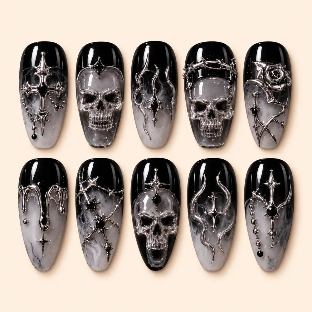 Gothic Skull and Silver Cross 3D Press On Nails — image 1