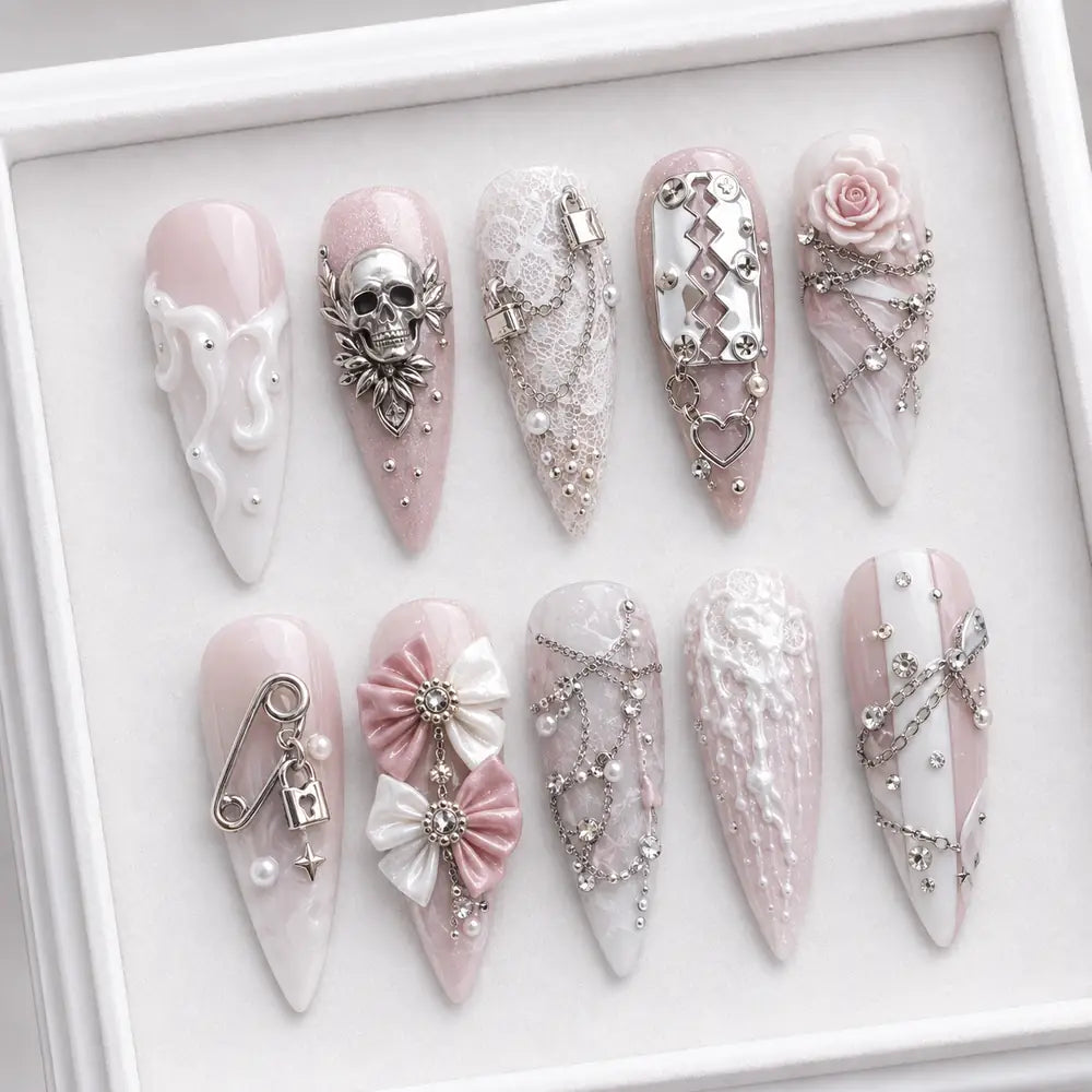 Gothic Skull Rose Bow 3D Rhinestone Press On Nails — image 2