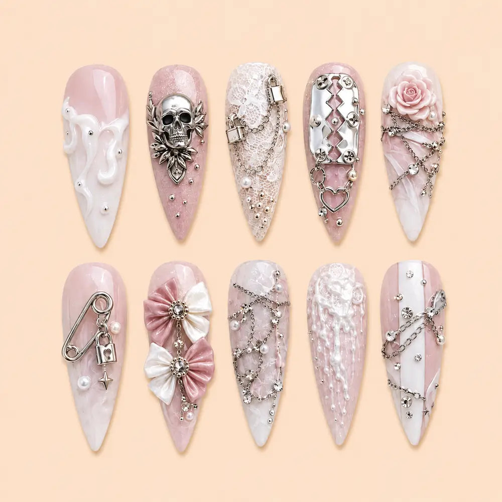 Gothic Skull Rose Bow 3D Rhinestone Press On Nails — image 1